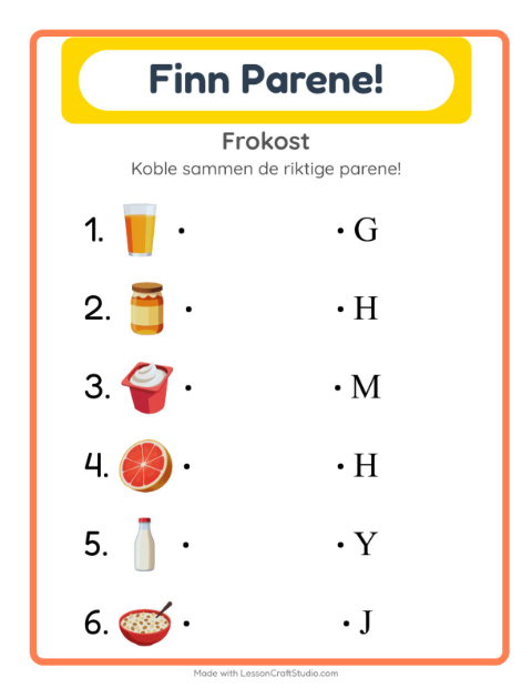 Forhåndsvisning av Matching-arbeidsark med Frokost for Barnehage (5-7 år)
