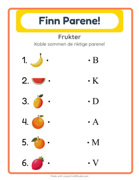 Forhåndsvisning av Matching-arbeidsark med Frukter for Barnehage (5-7 år)