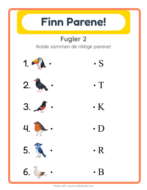 Forhåndsvisning av Matching-arbeidsark med Fugler 2 for Barnehage (5-7 år)