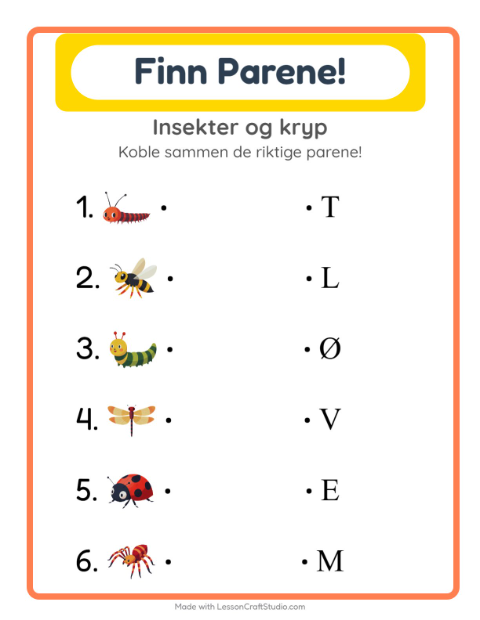 Forhåndsvisning av Matching-arbeidsark med Insekter og kryp for Barnehage (5-7 år)