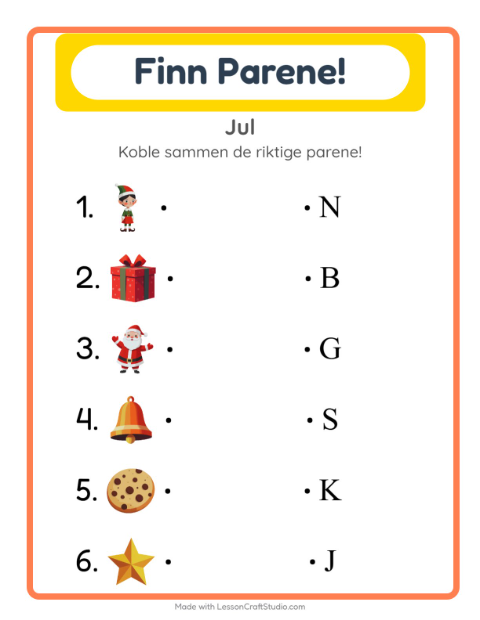 Forhåndsvisning av Matching-arbeidsark med Jul for Barnehage (5-7 år)