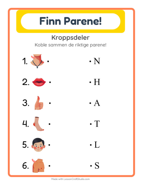 Forhåndsvisning av Matching-arbeidsark med Kroppsdeler for Barnehage (5-7 år)