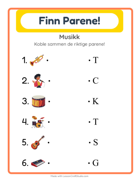 Forhåndsvisning av Matching-arbeidsark med Musikk for Barnehage (5-7 år)
