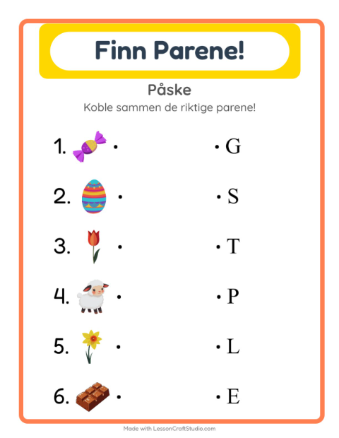 Forhåndsvisning av Matching-arbeidsark med Påske for Barnehage (5-7 år)