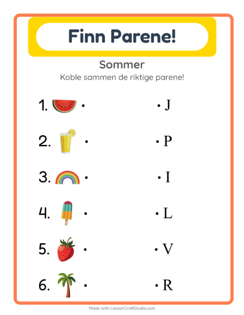 Forhåndsvisning av Matching-arbeidsark med Sommer for Barnehage (5-7 år)