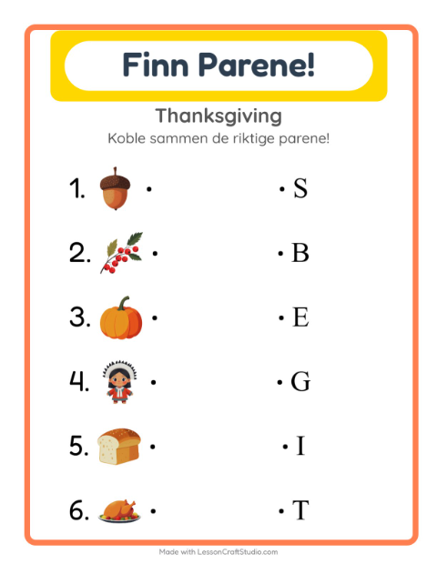 Forhåndsvisning av Matching-arbeidsark med Thanksgiving for Barnehage (5-7 år)