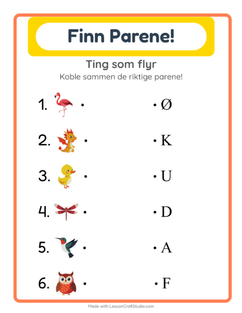 Forhåndsvisning av Matching-arbeidsark med Ting som flyr for Barnehage (5-7 år)