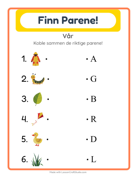 Forhåndsvisning av Matching-arbeidsark med Vår for Barnehage (5-7 år)
