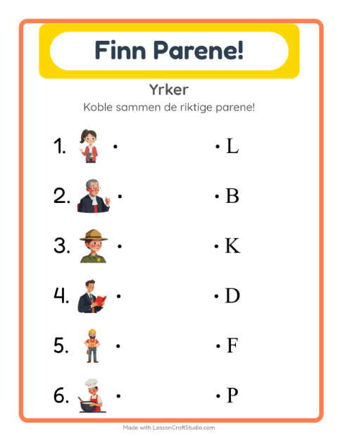 Forhåndsvisning av Matching-arbeidsark med Yrker for Barnehage (5-7 år)