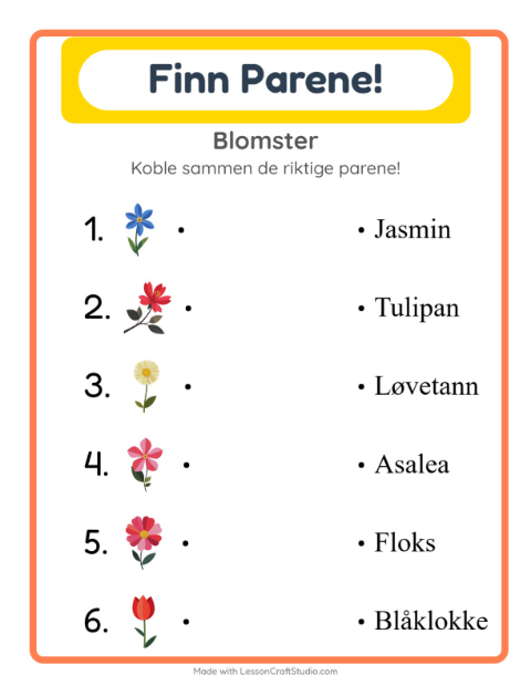 Forhåndsvisning av Matching-arbeidsark med Blomster for Barnehage (5-7 år)