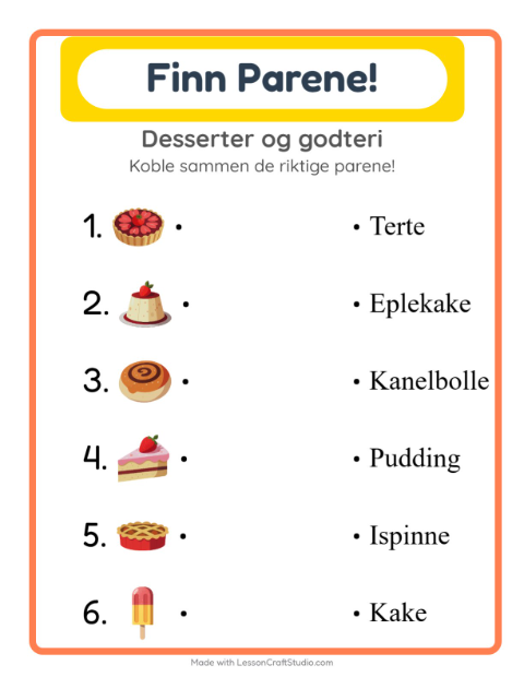 Forhåndsvisning av Matching-arbeidsark med Desserter og godteri for Barnehage (5-7 år)