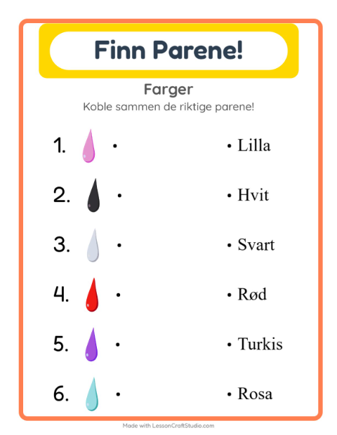 Forhåndsvisning av Matching-arbeidsark med Farger for Barnehage (5-7 år)