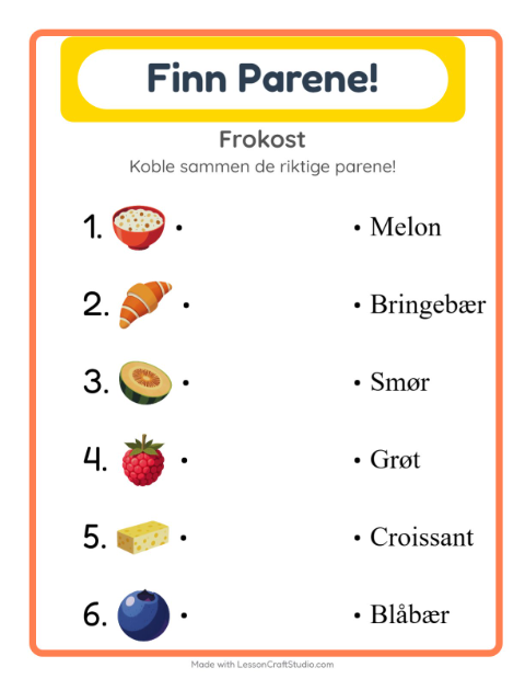 Forhåndsvisning av Matching-arbeidsark med Frokost for Barnehage (5-7 år)