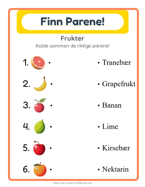 Forhåndsvisning av Matching-arbeidsark med Frukter for Barnehage (5-7 år)