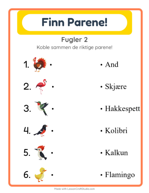 Forhåndsvisning av Matching-arbeidsark med Fugler 2 for Barnehage (5-7 år)