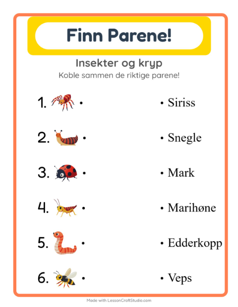 Forhåndsvisning av Matching-arbeidsark med Insekter og kryp for Barnehage (5-7 år)