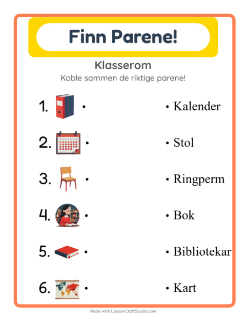 Forhåndsvisning av Matching-arbeidsark med Klasserom for Barnehage (5-7 år)