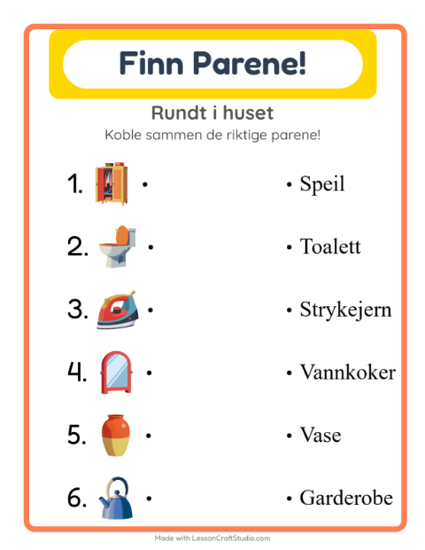 Forhåndsvisning av Matching-arbeidsark med Rundt i huset for Barnehage (5-7 år)