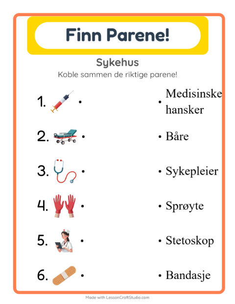 Forhåndsvisning av Matching-arbeidsark med Sykehus for Barnehage (5-7 år)