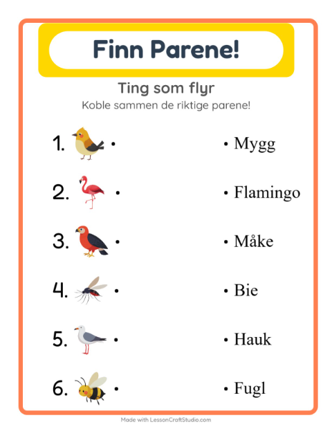 Forhåndsvisning av Matching-arbeidsark med Ting som flyr for Barnehage (5-7 år)
