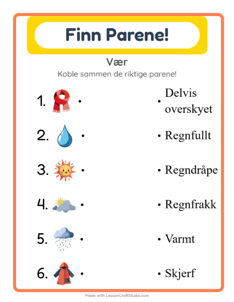 Forhåndsvisning av Matching-arbeidsark med Vær for Barnehage (5-7 år)