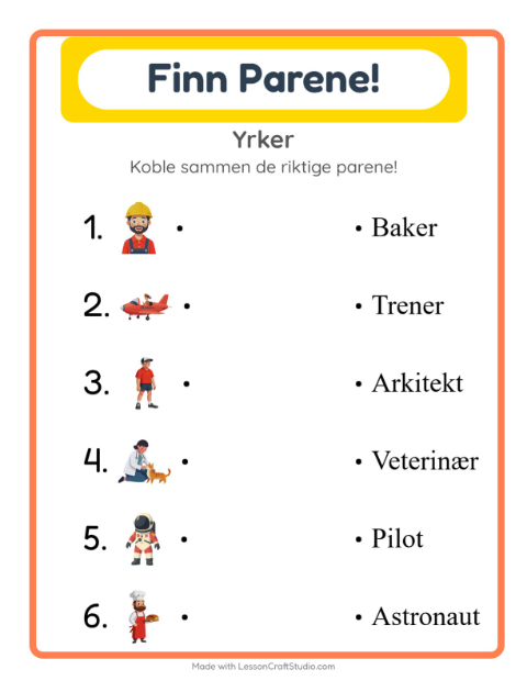 Forhåndsvisning av Matching-arbeidsark med Yrker for Barnehage (5-7 år)