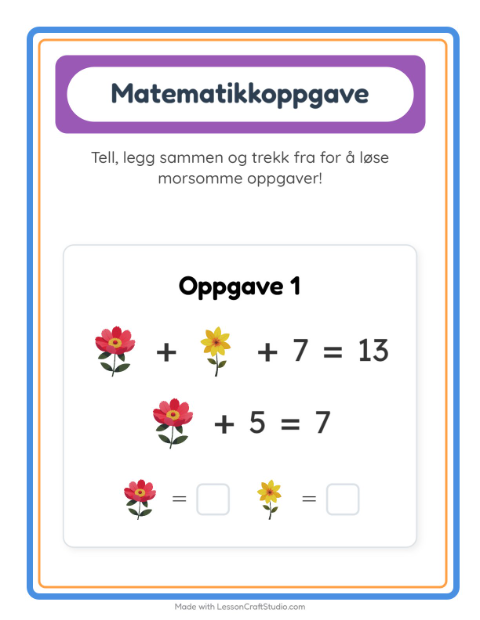 Forhåndsvisning av Matteark-arbeidsark med Blomster for Barnehage (5-7 år)