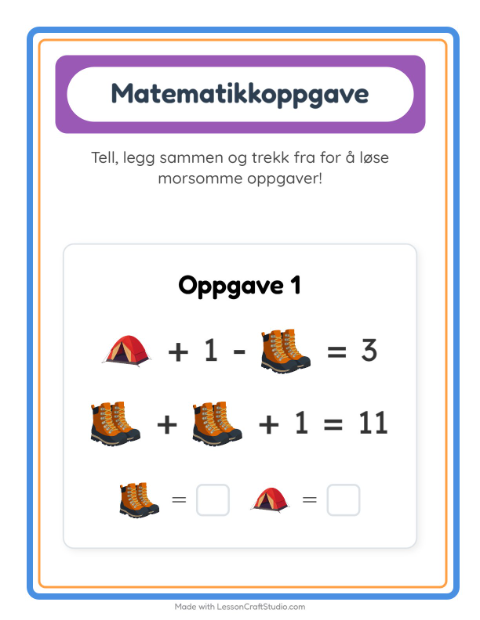 Forhåndsvisning av Matteark-arbeidsark med Camping for Barnehage (5-7 år)