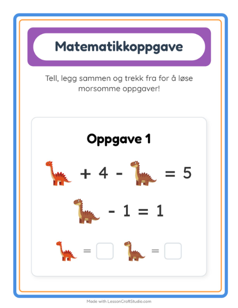 Forhåndsvisning av Matteark-arbeidsark med Dinosaurer for Barnehage (5-7 år)