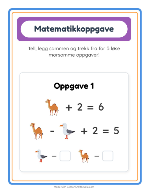 Forhåndsvisning av Matteark-arbeidsark med Dyr for Barnehage (5-7 år)