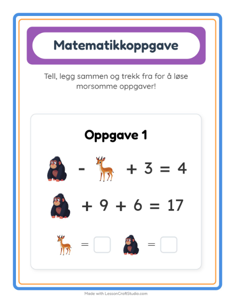 Forhåndsvisning av Matteark-arbeidsark med Dyrehagedyr for Barnehage (5-7 år)