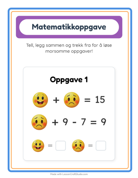 Forhåndsvisning av Matteark-arbeidsark med Følelser for Barnehage (5-7 år)