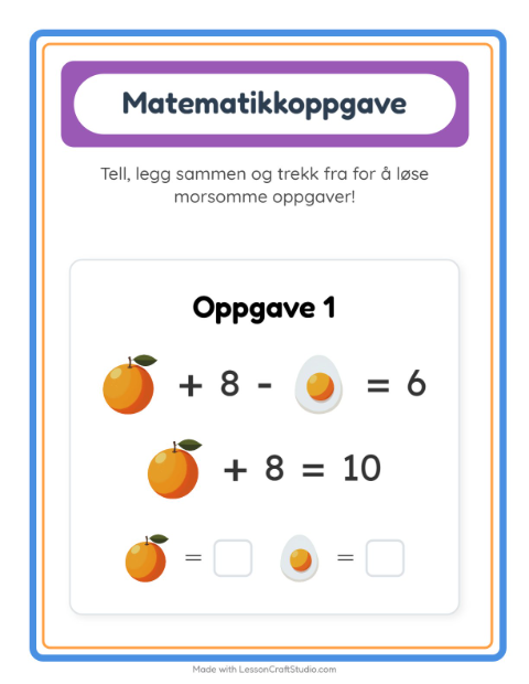 Forhåndsvisning av Matteark-arbeidsark med Frokost for Barnehage (5-7 år)