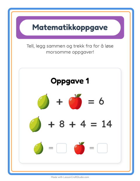 Forhåndsvisning av Matteark-arbeidsark med Frukter for Barnehage (5-7 år)
