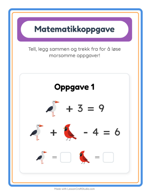 Forhåndsvisning av Matteark-arbeidsark med Fugler 2 for Barnehage (5-7 år)