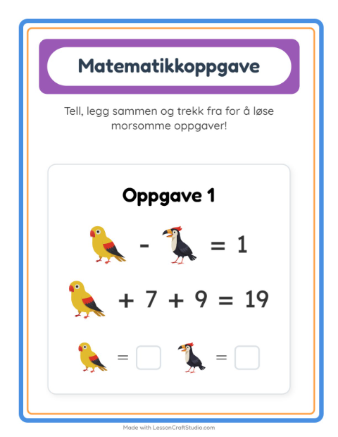 Forhåndsvisning av Matteark-arbeidsark med Fugler for Barnehage (5-7 år)