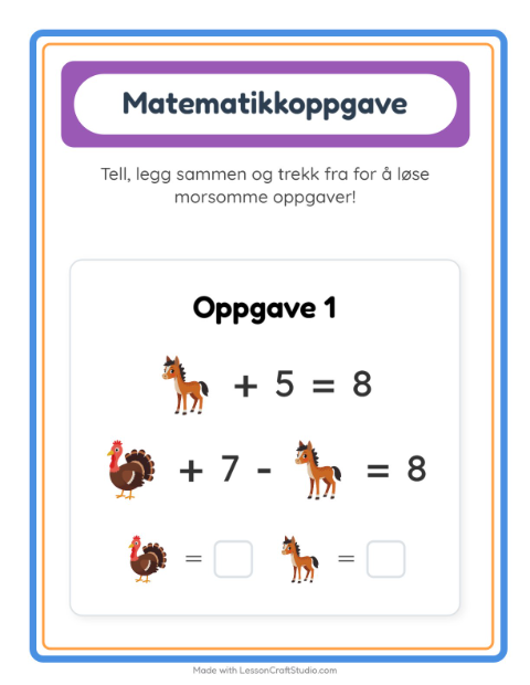 Forhåndsvisning av Matteark-arbeidsark med Gårdsdyr for Barnehage (5-7 år)