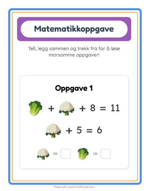 Forhåndsvisning av Matteark-arbeidsark med Grønnsaker for Barnehage (5-7 år)