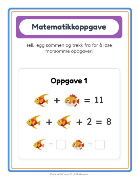 Forhåndsvisning av Matteark-arbeidsark med Havliv for Barnehage (5-7 år)