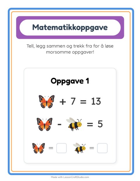 Forhåndsvisning av Matteark-arbeidsark med Insekter og kryp for Barnehage (5-7 år)