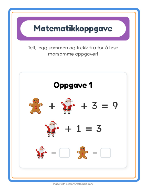 Forhåndsvisning av Matteark-arbeidsark med Jul for Barnehage (5-7 år)
