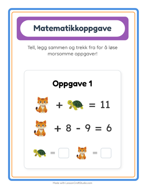 Forhåndsvisning av Matteark-arbeidsark med Kjæledyr for Barnehage (5-7 år)
