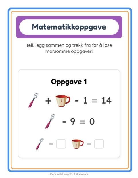 Forhåndsvisning av Matteark-arbeidsark med Kjøkkenredskaper for Barnehage (5-7 år)
