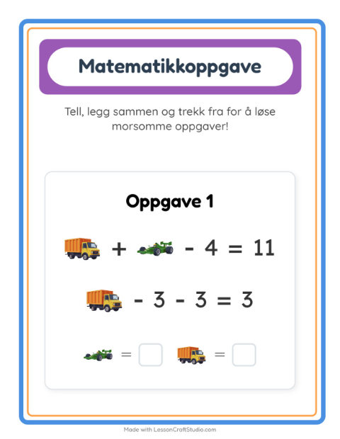 Forhåndsvisning av Matteark-arbeidsark med Kjøretøy for Barnehage (5-7 år)