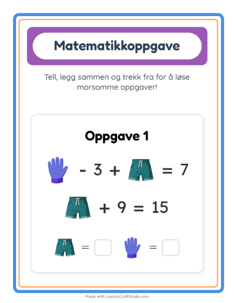 Forhåndsvisning av Matteark-arbeidsark med Klær for Barnehage (5-7 år)
