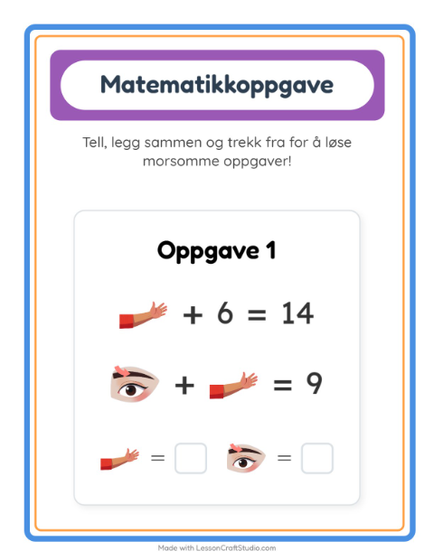 Forhåndsvisning av Matteark-arbeidsark med Kroppsdeler for Barnehage (5-7 år)