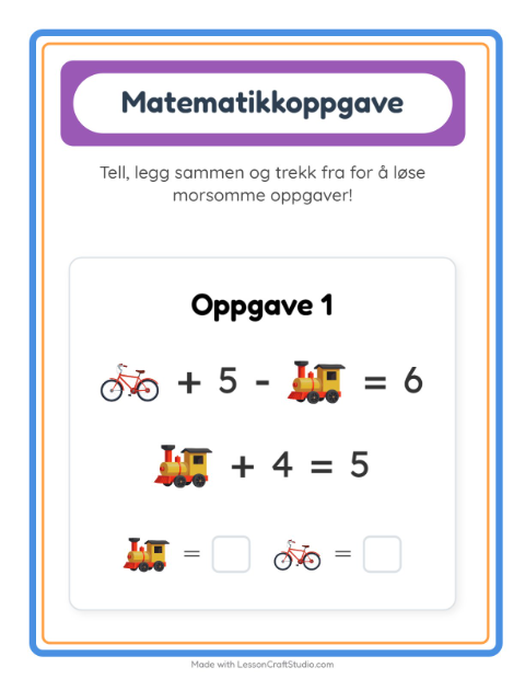 Forhåndsvisning av Matteark-arbeidsark med Leker for Barnehage (5-7 år)