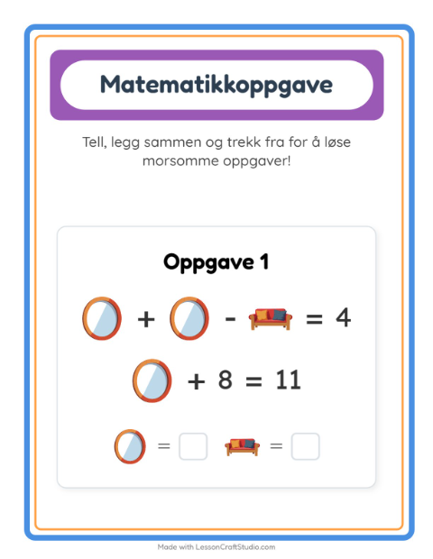 Forhåndsvisning av Matteark-arbeidsark med Møbler for Barnehage (5-7 år)