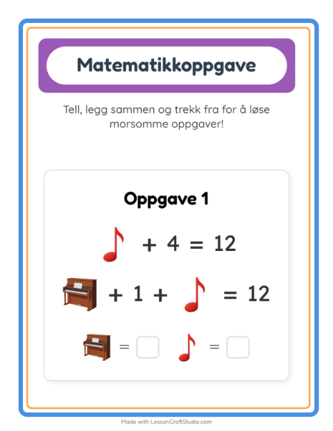 Forhåndsvisning av Matteark-arbeidsark med Musikk for Barnehage (5-7 år)