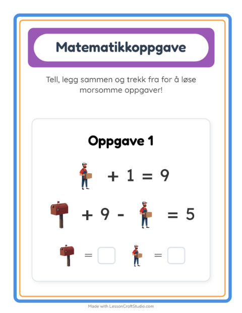 Forhåndsvisning av Matteark-arbeidsark med Postkontor for Barnehage (5-7 år)